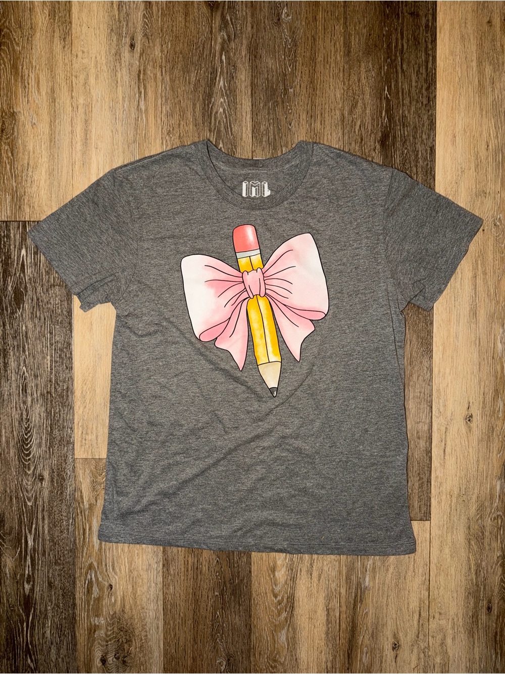 Isaac Morris Women’s Grey Pencil and Bow Teacher T-Shirt
